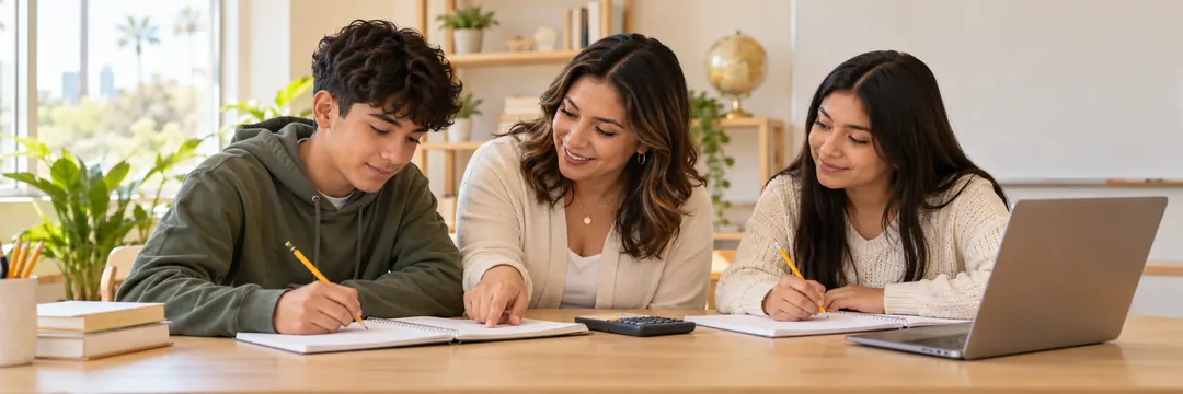 Tutora acompañando a dos estudiantes en sus ejercicios de Inglés y Matemática