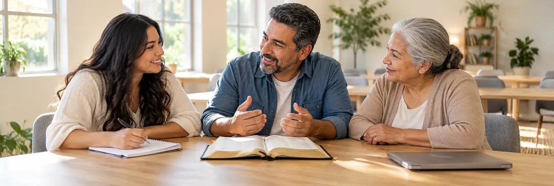 Personas de distintas generaciones aprendiendo juntas alrededor de una Biblia