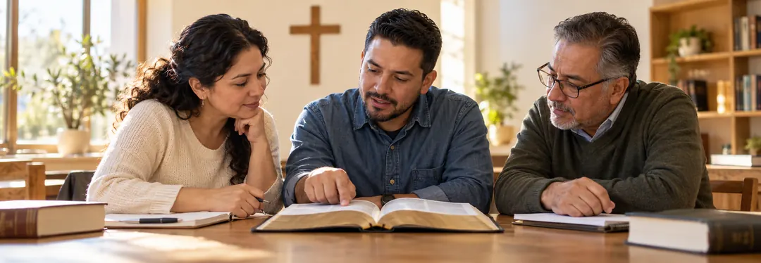 Grupo de adultos estudiando y conversando sobre la Biblia