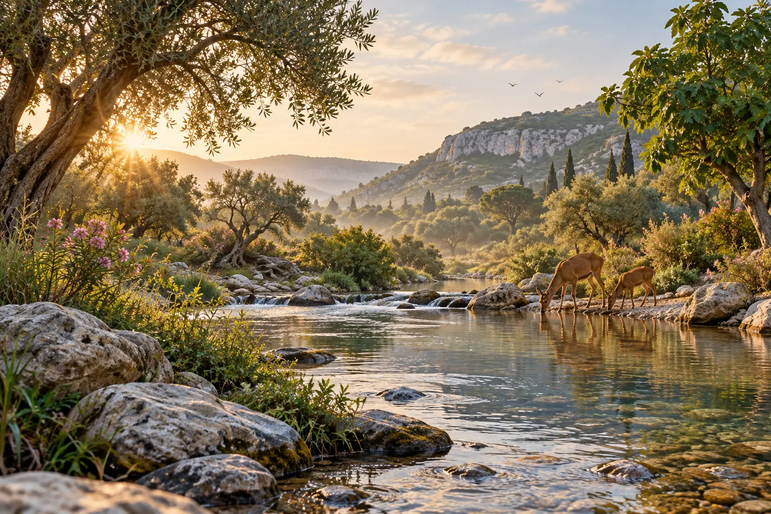 Paisaje natural con río, árboles y ciervos bajo la luz cálida del amanecer.