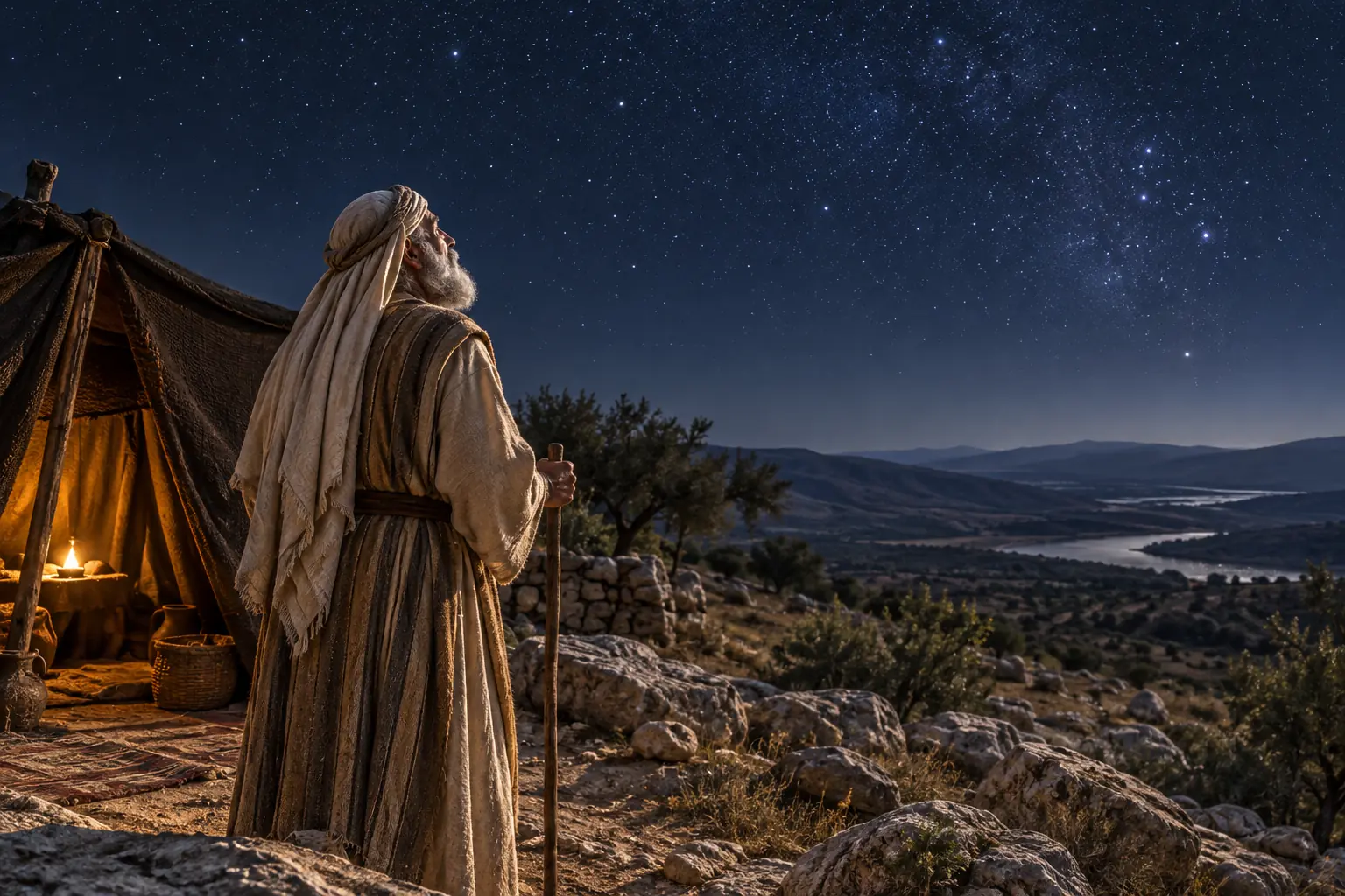 Abraham de pie junto a una tienda de lana contempla un cielo estrellado sobre las colinas.