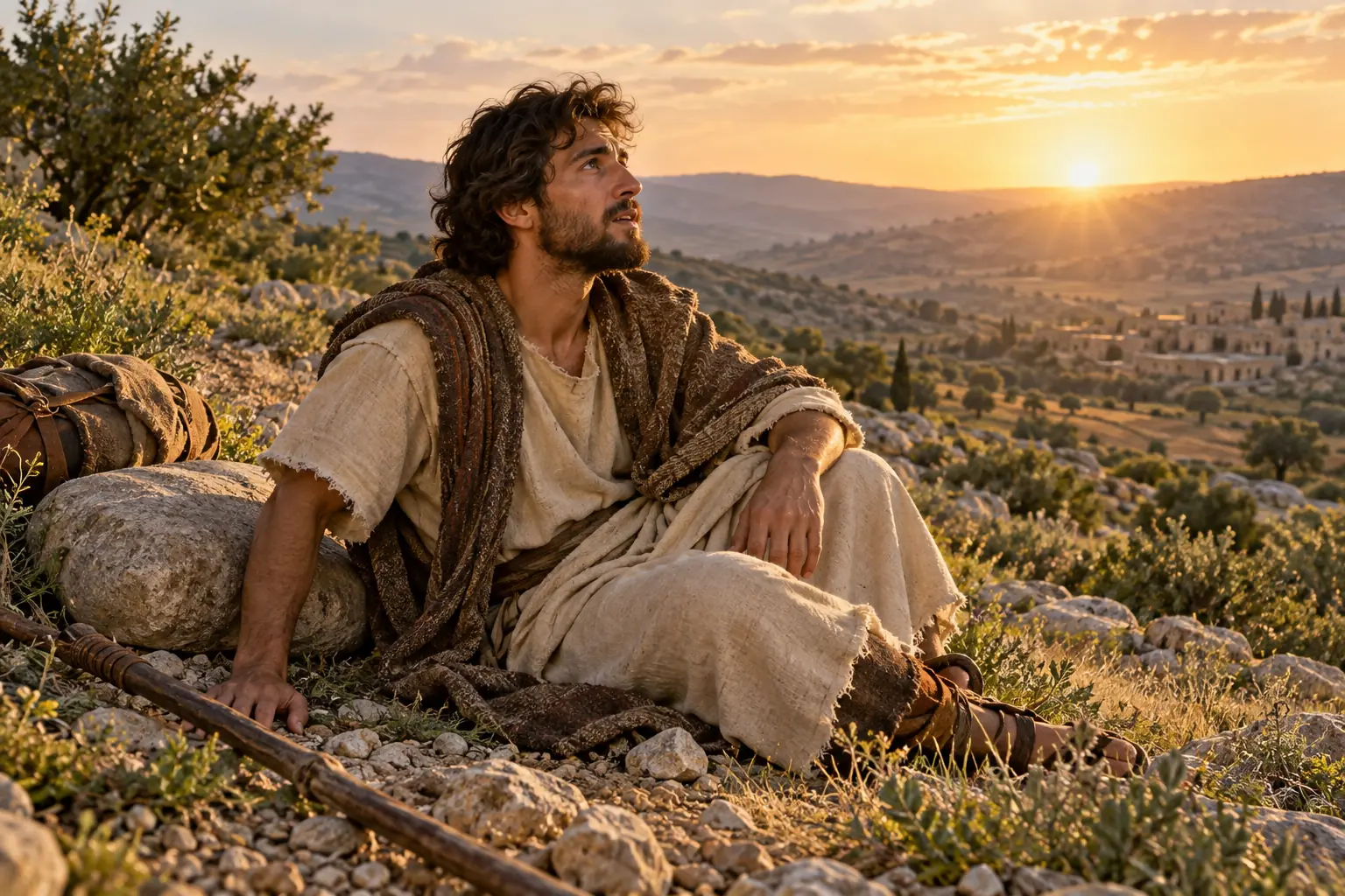 Jacob se incorpora junto a la piedra donde pasó la noche, en un paisaje rocoso al amanecer.