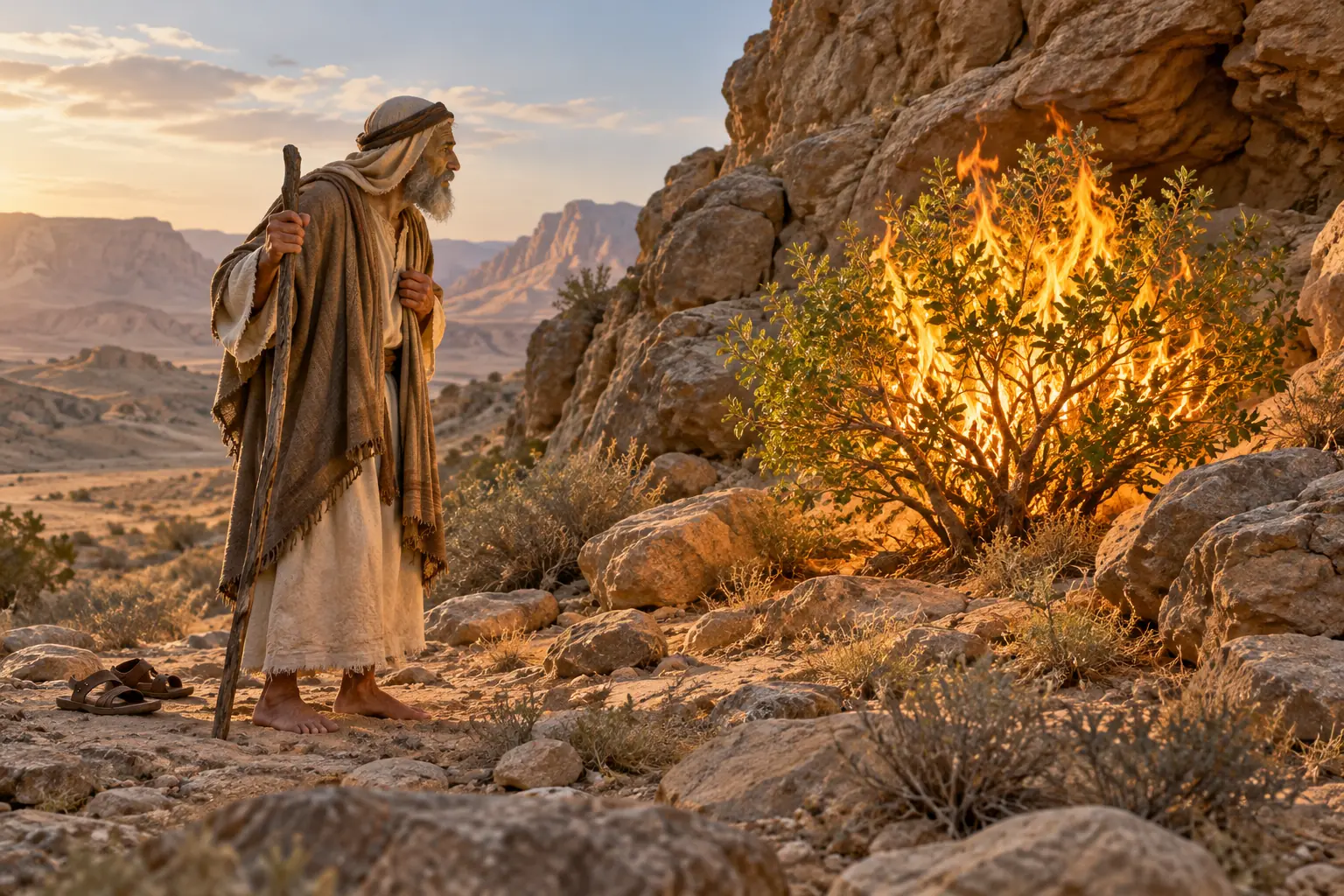 Moisés, con los pies descalzos y un bastón, contempla una zarza iluminada por llamas en el desierto.