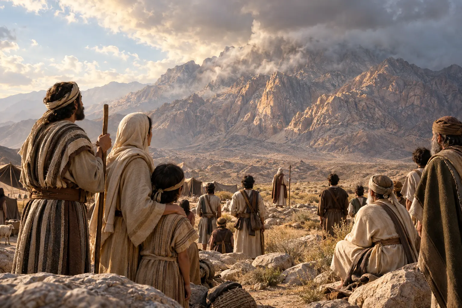 Un grupo de israelitas contempla desde el valle un monte rocoso cubierto parcialmente por nubes.