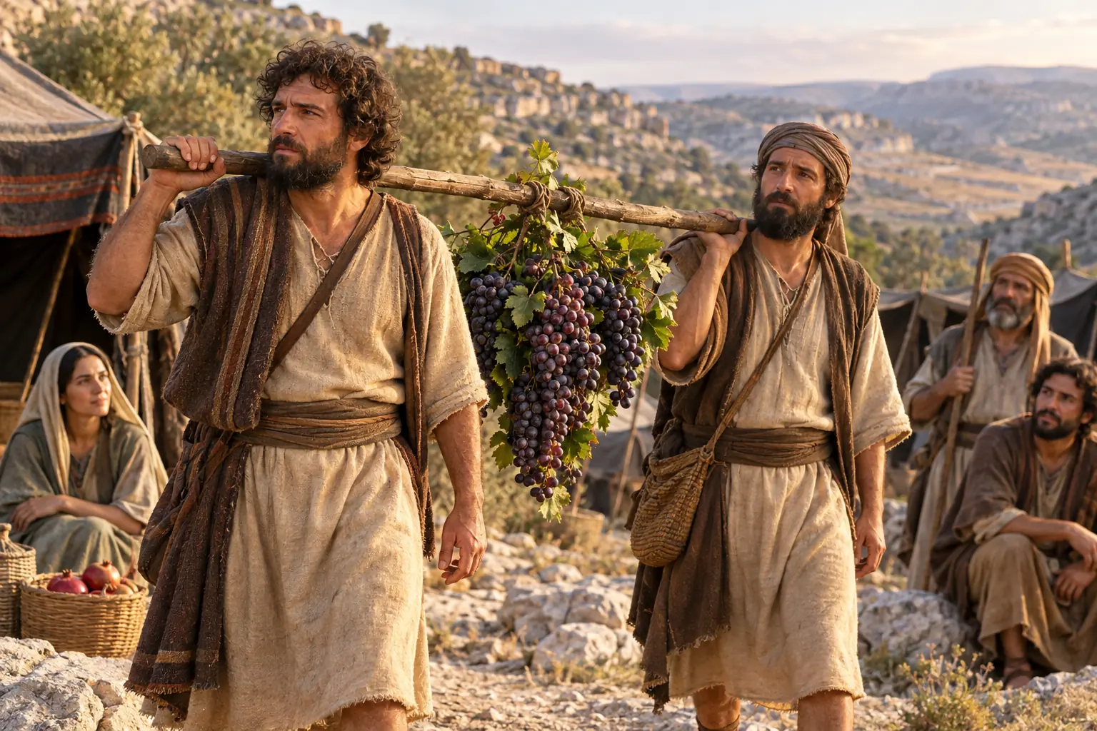 Dos exploradores regresan al campamento llevando un racimo de uvas entre ambos, mientras otros escuchan.
