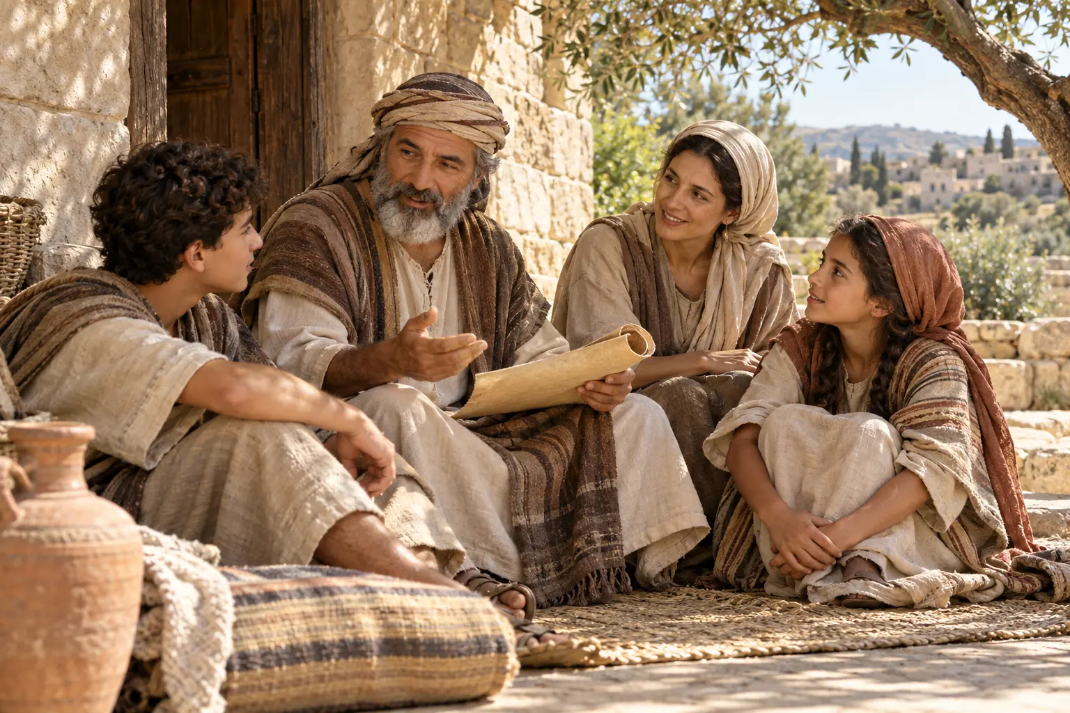 Una familia israelita conversa alrededor de un rollo junto a la entrada de una casa de piedra.