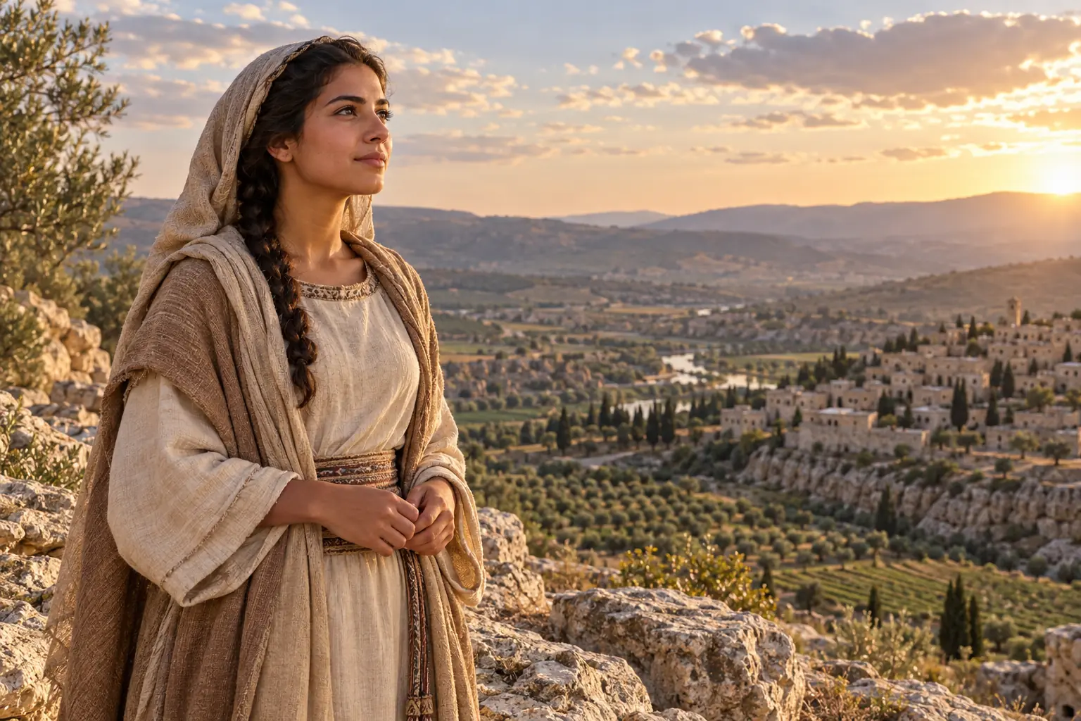 Una joven de la antigua Judea contempla el horizonte desde una colina, serena en medio de un paisaje amplio.