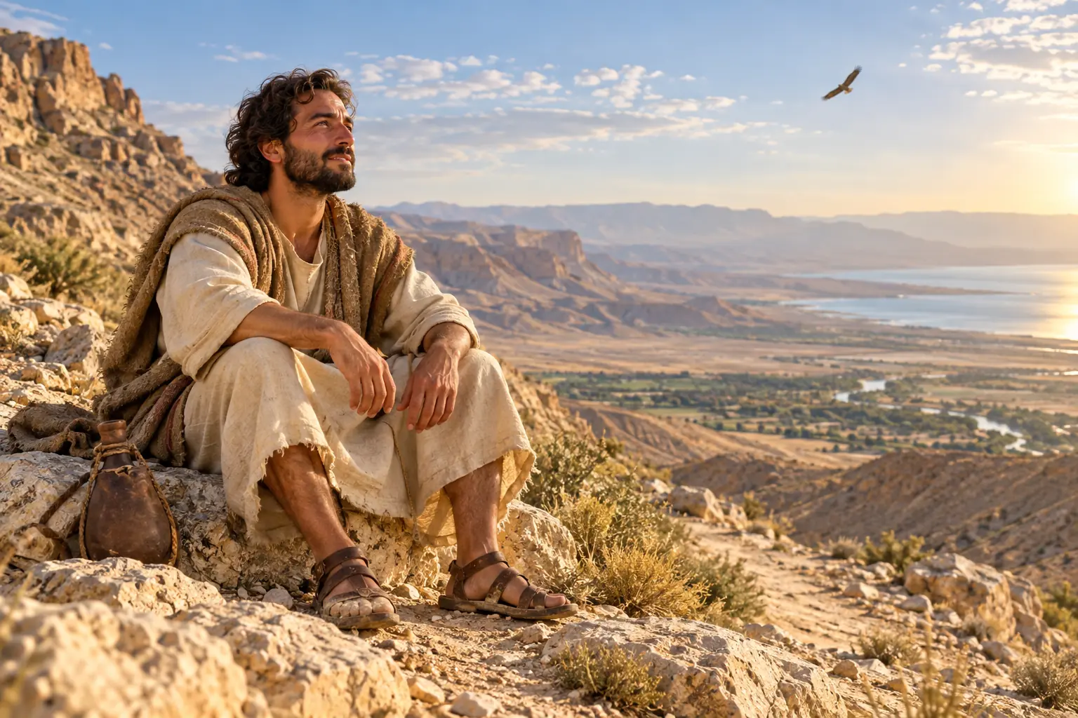 Un viajero cansado descansa en una elevación del desierto mientras un águila planea a lo lejos.