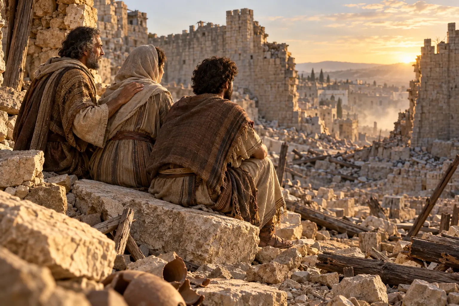 Una familia contempla los muros derrumbados de una ciudad de piedra mientras la luz del amanecer entra por las ruinas.