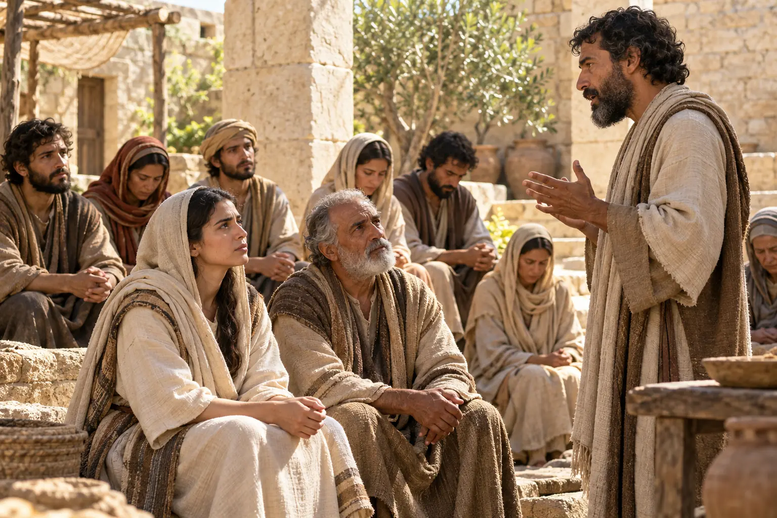 Jóvenes, adultos y ancianos de la antigua Judá se reúnen en un patio de piedra para escuchar y orar.