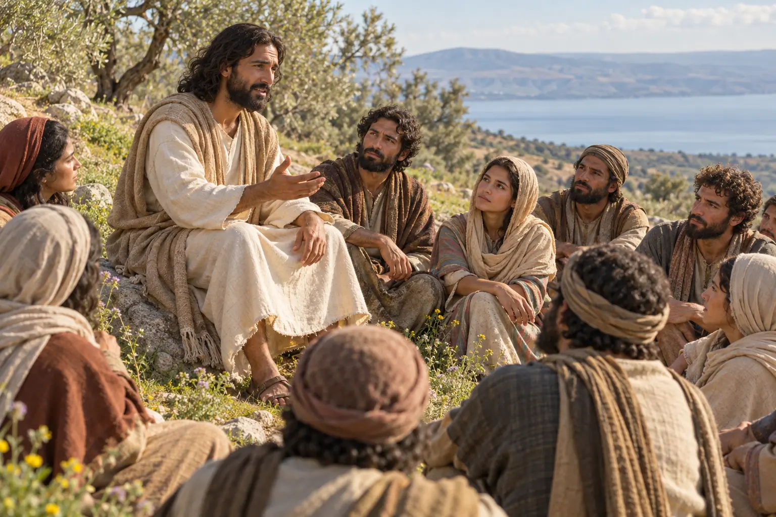 Jesús, sentado en una ladera de Galilea, enseña a un grupo cercano de discípulos y familias.