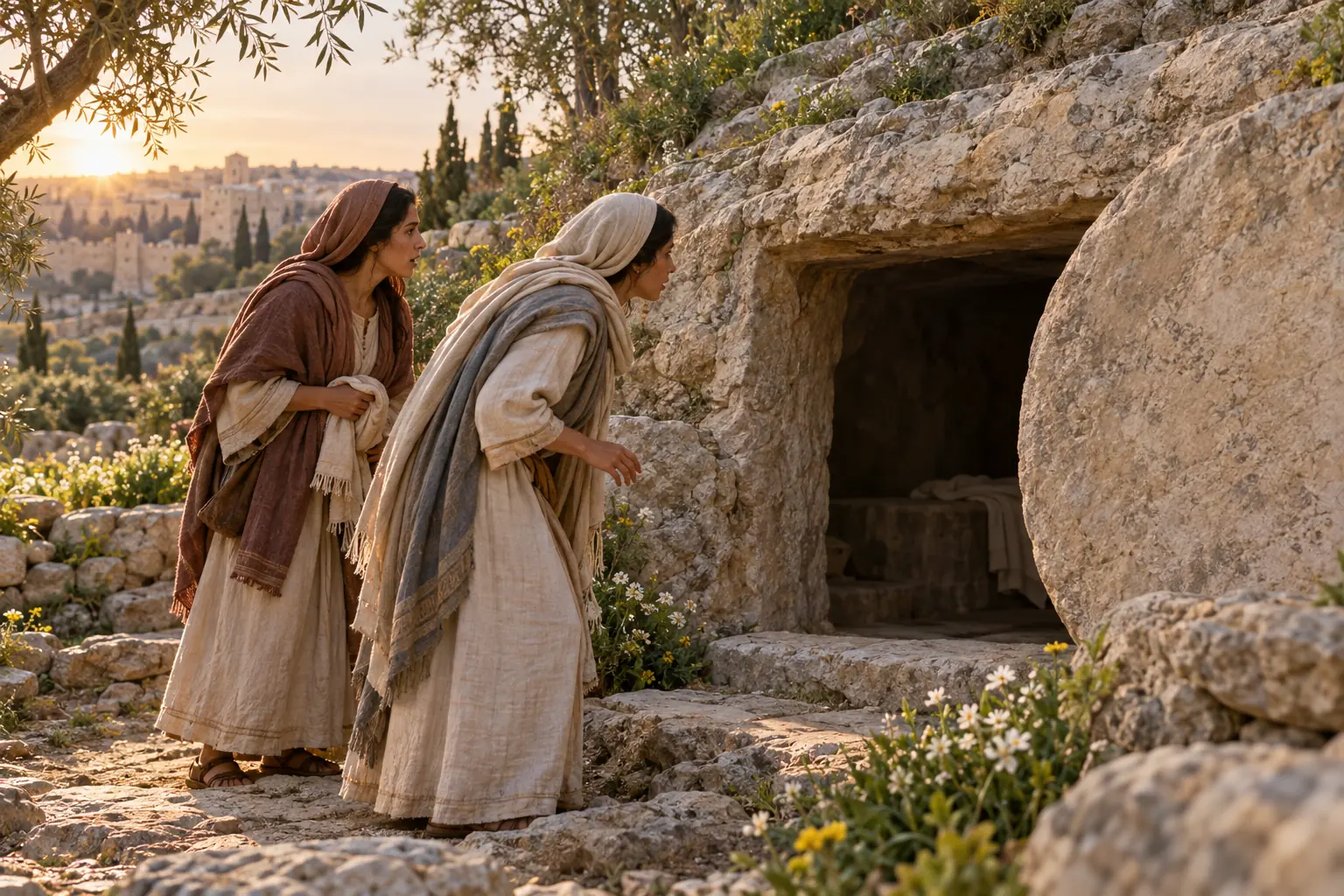 Dos mujeres con mantos sencillos se acercan al sepulcro abierto, tallado en la roca, al comenzar el día.