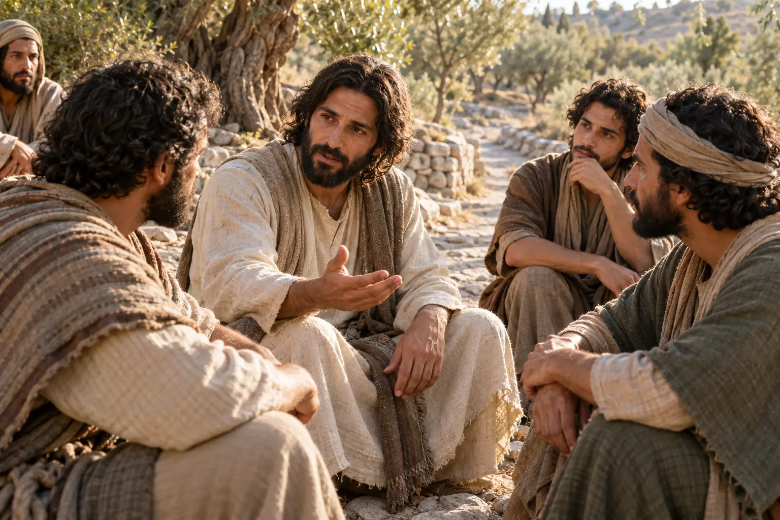 Jesús, sentado al mismo nivel que sus discípulos entre olivos, les enseña con una mano abierta en una escena de luz cálida.