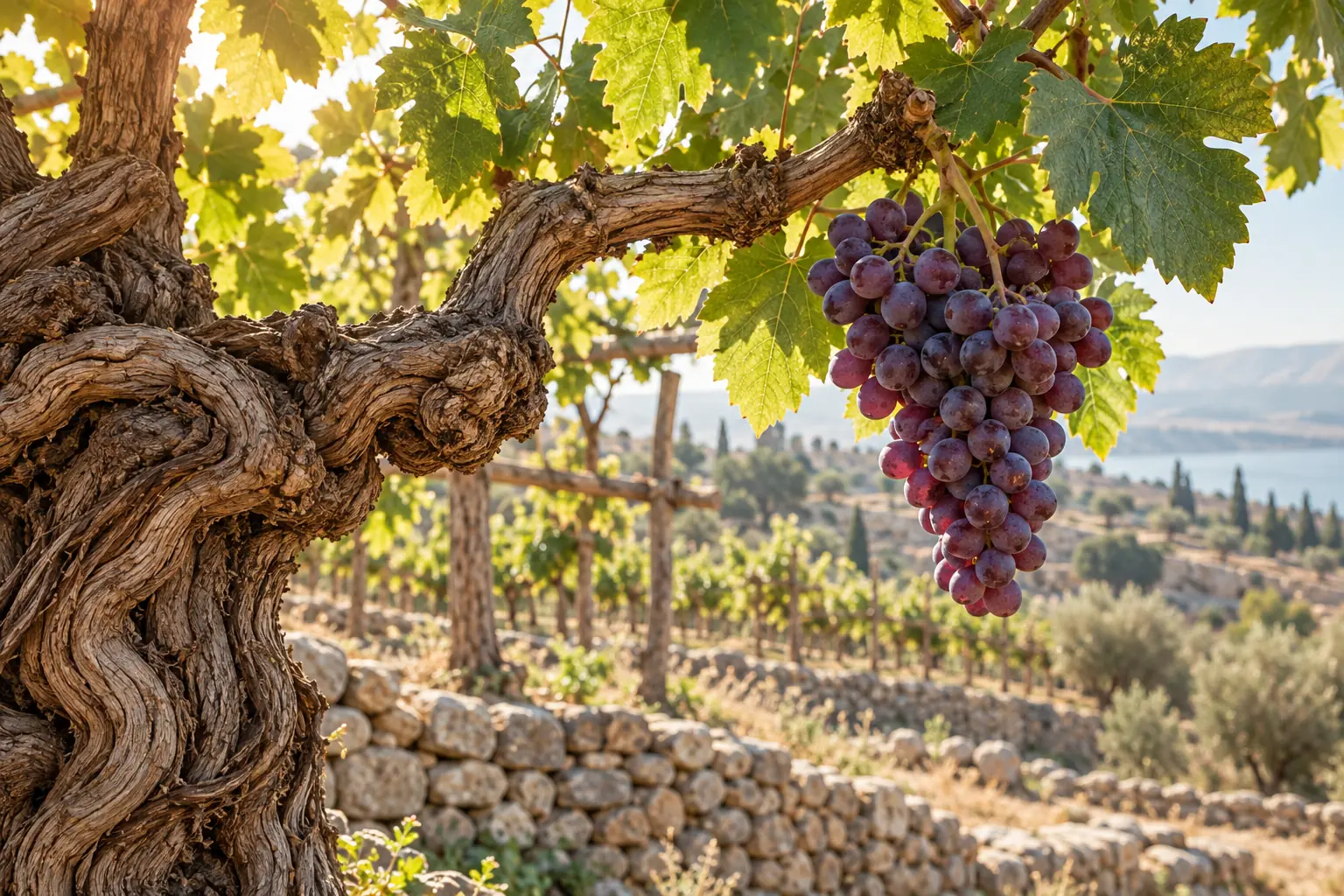Un sarmiento vivo unido a una vid antigua sostiene hojas sanas y un racimo de uvas en un viñedo iluminado por la mañana.