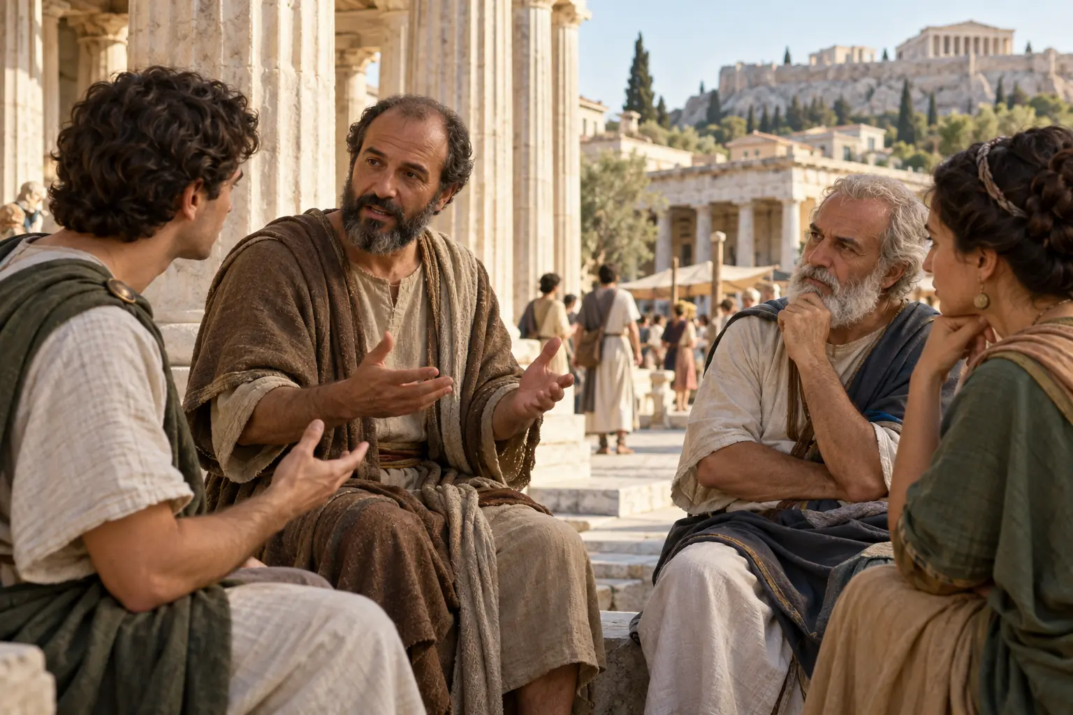 Pablo dialoga con tres atenienses atentos en una plaza de piedra próxima a un pórtico de columnas.