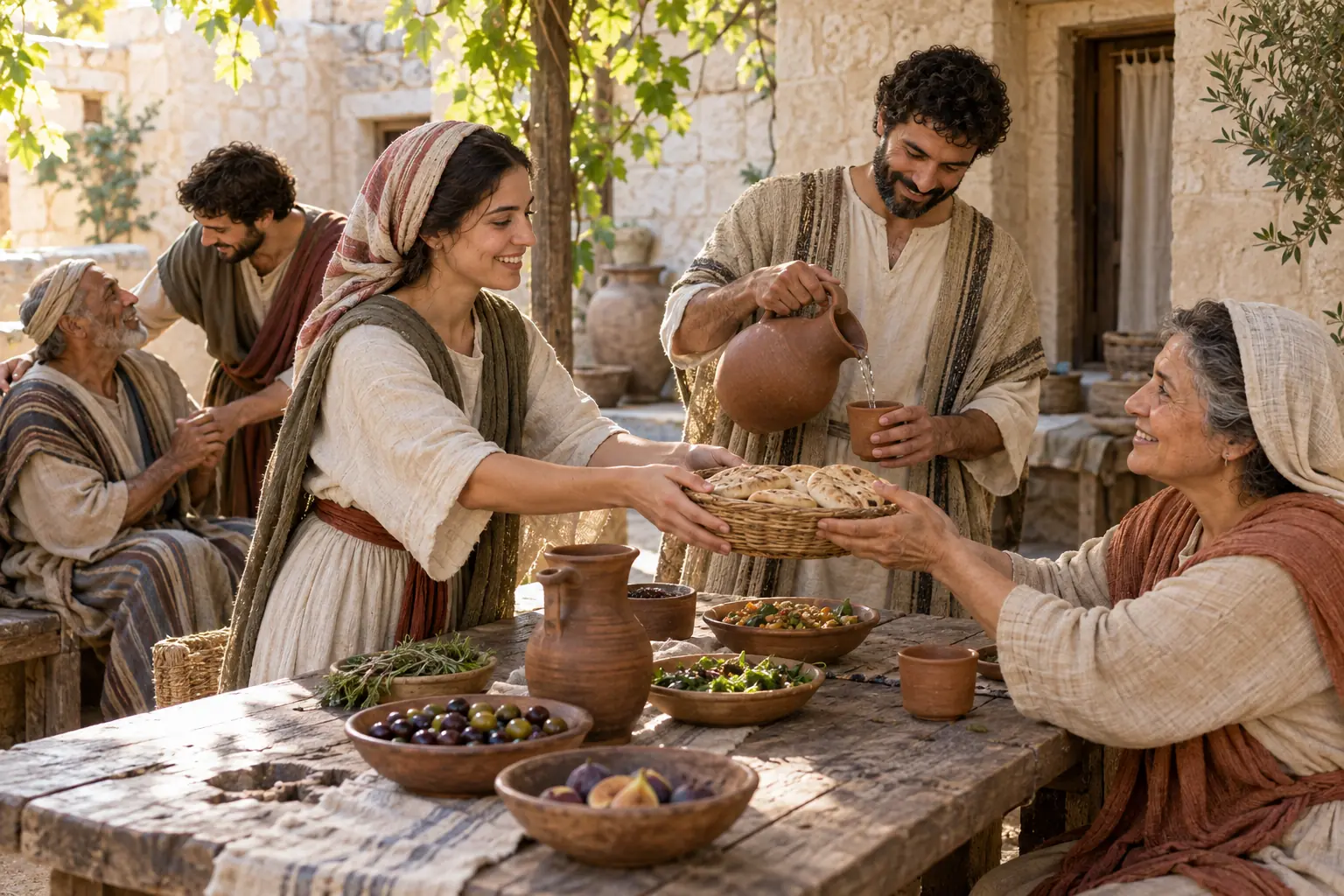 Hombres y mujeres de una comunidad cristiana de Corinto preparan alimentos y atienden a sus vecinos en un patio sencillo.
