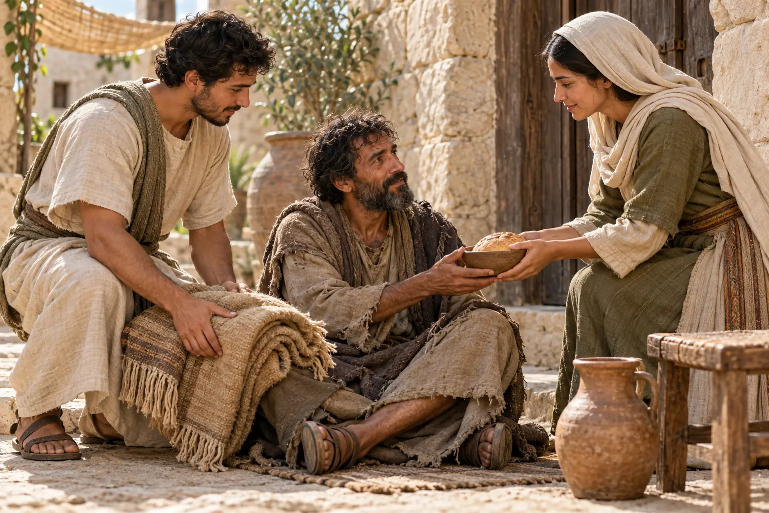 Dos jóvenes cristianos de la antigüedad ofrecen pan y un manto a un viajero cansado, en un patio de piedra.
