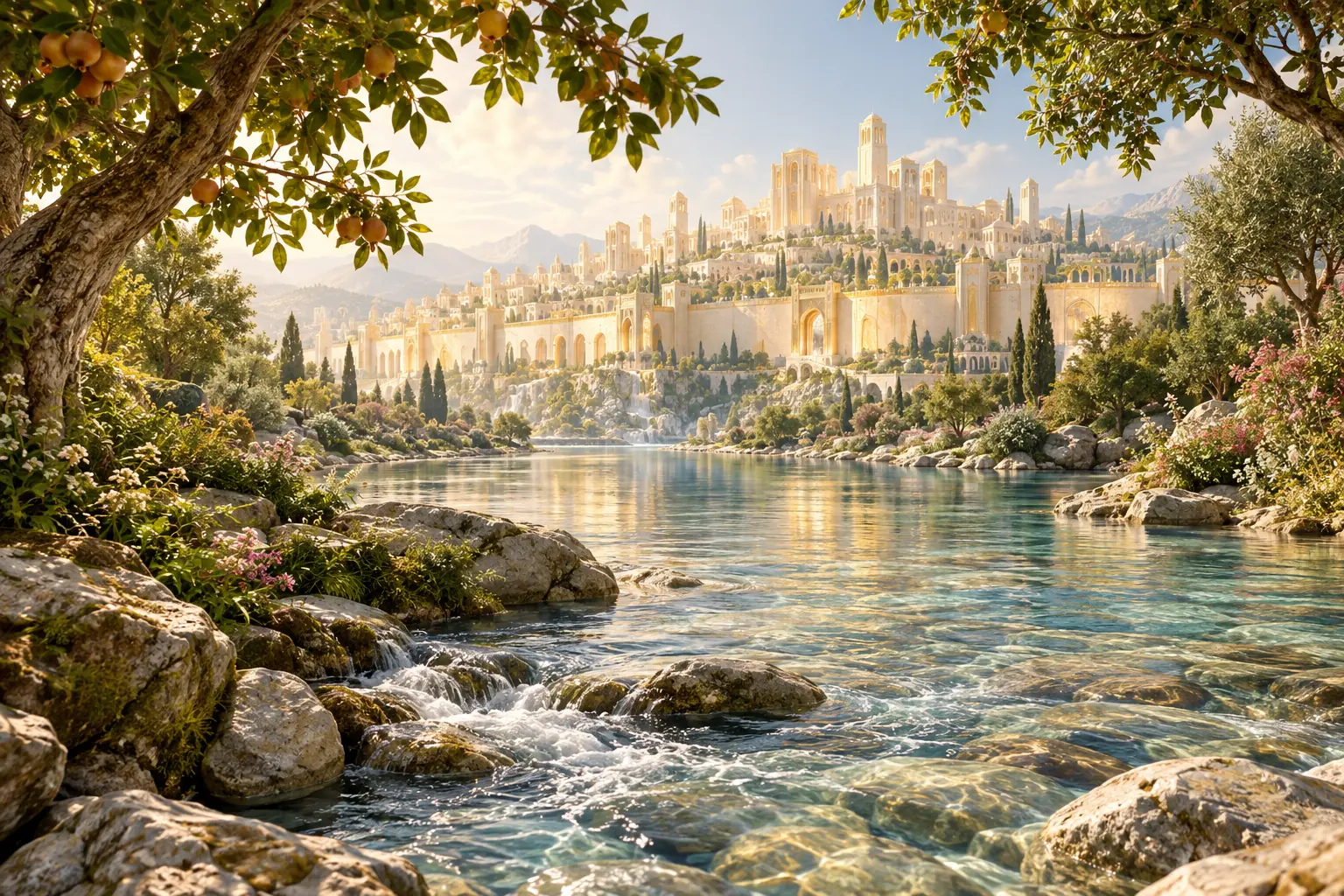 Un río transparente fluye entre árboles frutales hacia una ciudad luminosa, evocando la nueva creación descrita en Apocalipsis.