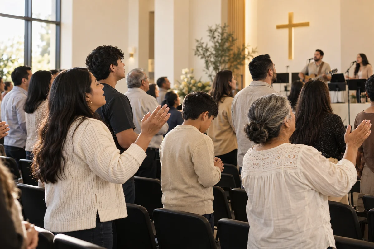 Congregación de varias generaciones adorando en una iglesia con tonos marfil, dorado y negro