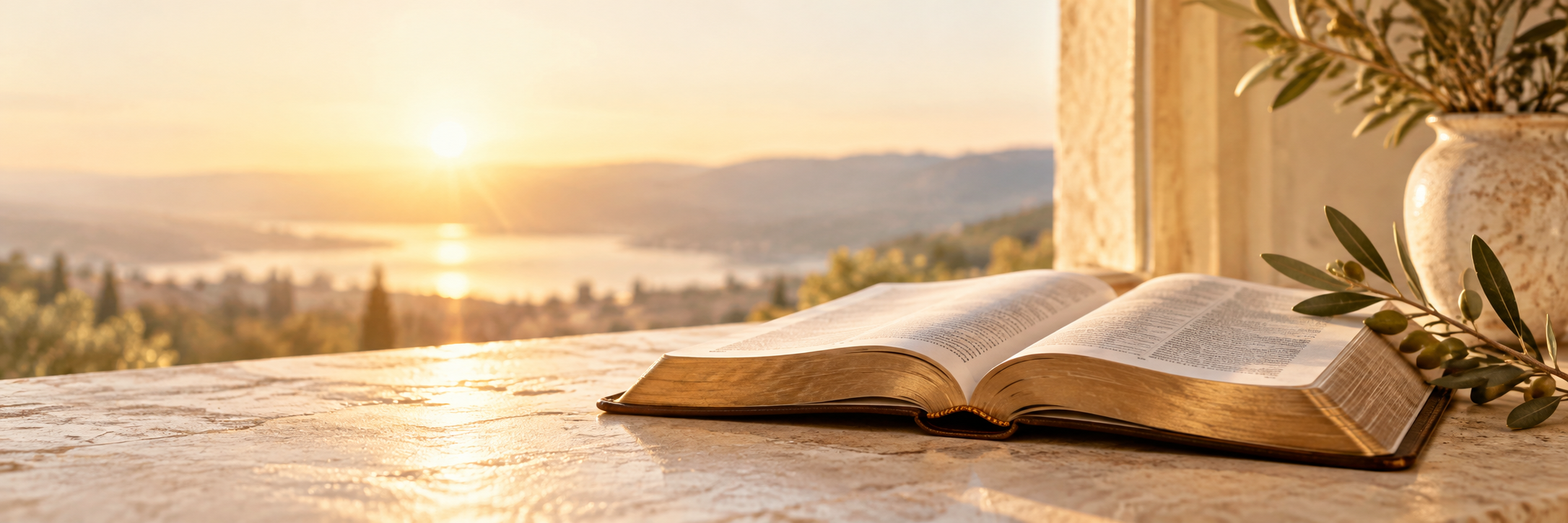 Biblia abierta y rama de olivo iluminadas por el amanecer, símbolo de esperanza y renovación